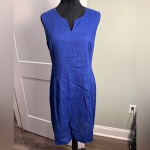 Vintage Petite Sophisticate Blue Linen sleeveless Sheath notch neckline back tie